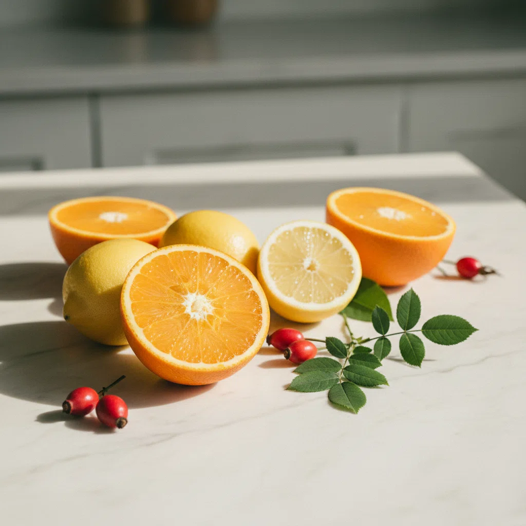 Verse citrusvruchten, sinaasappels en rozenbottels op een licht marmeren aanrecht